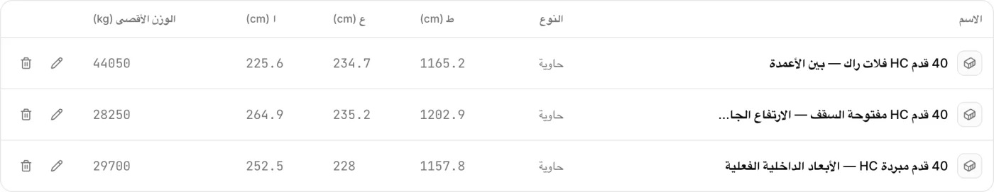 تعريف حاويات مبردة ومفتوحة السقف وفلات راك في إدارة أسطول CargoDuo بأبعادها الداخلية الفعلية