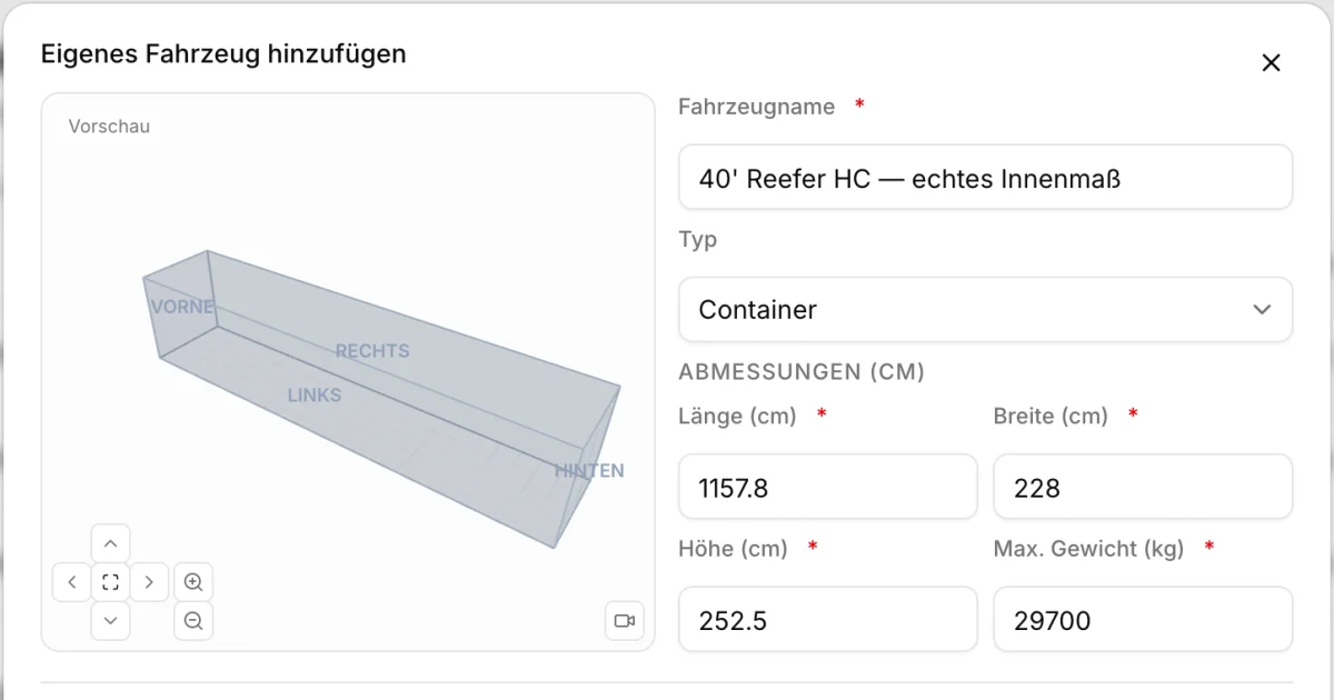 Anlage eines 40-Fuß-Kühlcontainers in CargoDuo mit echten Innenmaßen: 1157,8 × 228 × 252,5 cm und 29.700 kg
