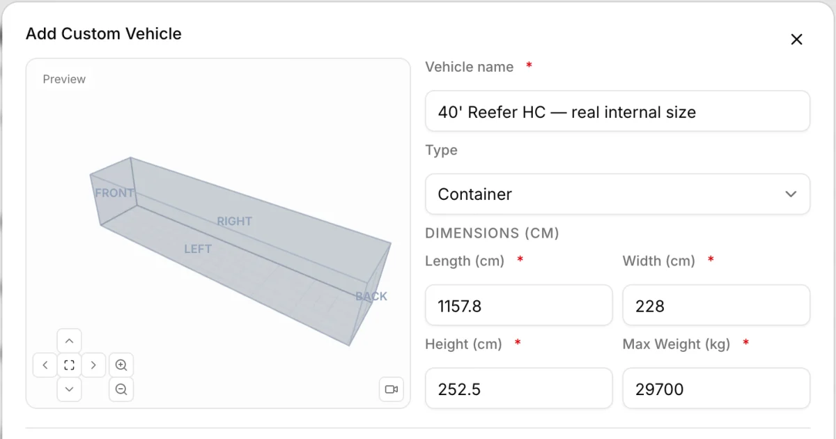 Defining a 40ft reefer container in CargoDuo with its real internal dimensions: 1157.8 x 228 x 252.5 cm, 29,700 kg