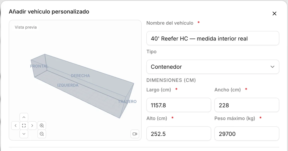 Alta de un contenedor reefer de 40 pies en CargoDuo con sus medidas interiores reales: 1.157,8 × 228 × 252,5 cm y 29.700 kg
