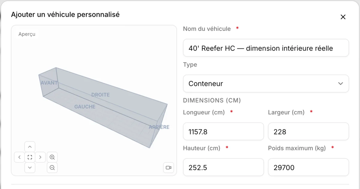 Définition d’un conteneur reefer 40 pieds dans CargoDuo avec ses dimensions intérieures réelles : 1 157,8 × 228 × 252,5 cm, 29 700 kg