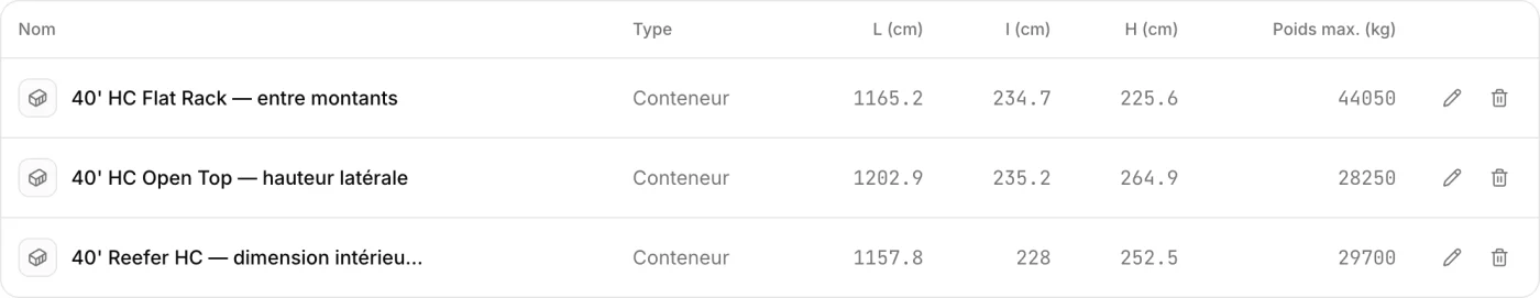 Conteneurs reefer, open top et flat rack définis dans la gestion de flotte CargoDuo avec leurs dimensions intérieures réelles