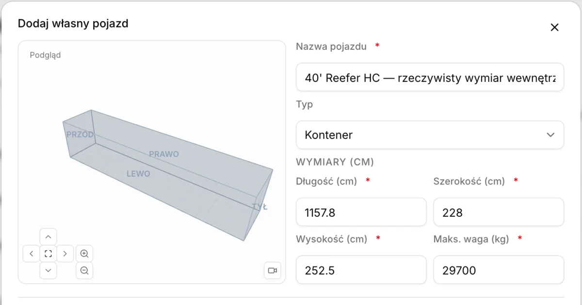 Definiowanie kontenera 40' Reefer HC w CargoDuo z rzeczywistymi wymiarami wewnętrznymi: 1157,8 × 228 × 252,5 cm i 29 700 kg