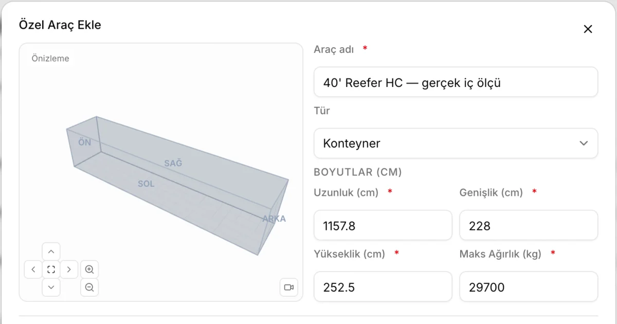 CargoDuo'da 40' reefer konteynerin gerçek iç ölçüleriyle özel araç tanımı: 1157,8 × 228 × 252,5 cm, 29.700 kg