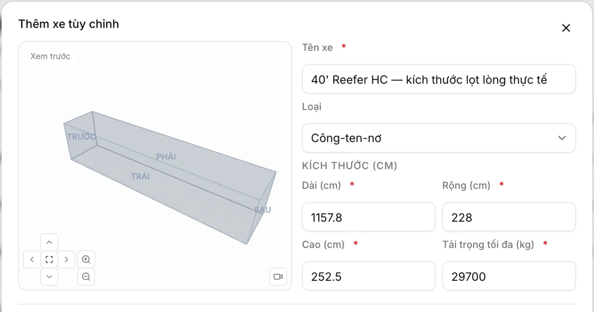 Khai báo cont lạnh 40 feet trong CargoDuo bằng kích thước lọt lòng thực tế: 1157,8 × 228 × 252,5 cm, 29.700 kg