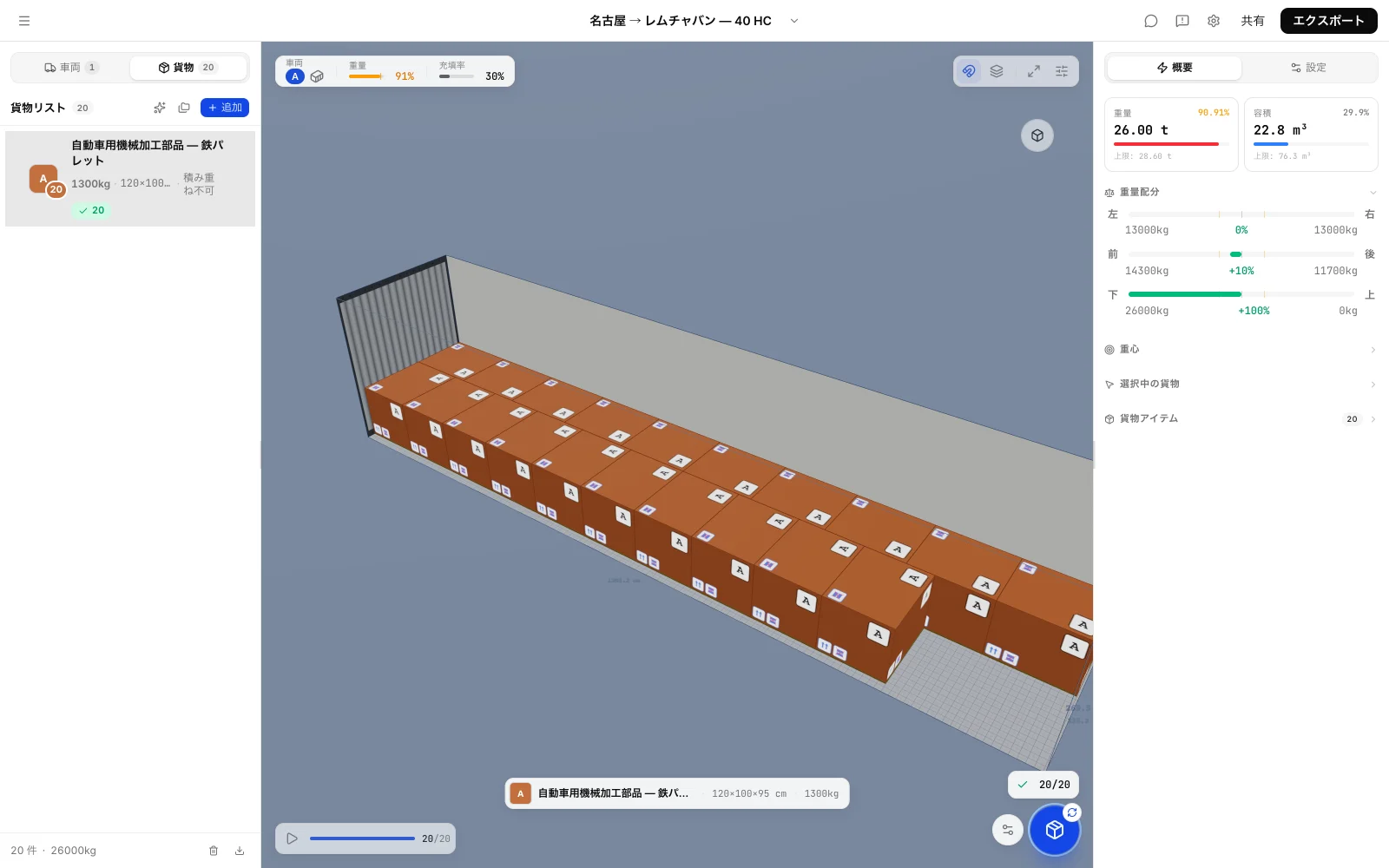 CargoDuoの積付プラン画面。内容積76.3m³の40フィート背高コンテナが、容積29.9%にとどまったまま最大積載量の90.9%に達している——必要なコンテナ本数を決める充填率のチェック