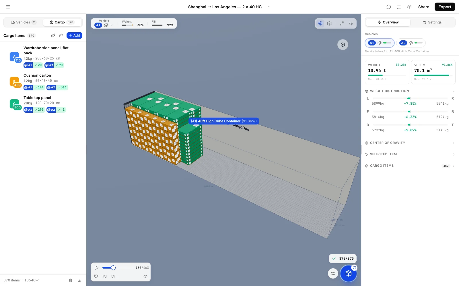 CargoDuo loading sequence player showing the back wall of the container being built first, 52 of 463 cartons placed