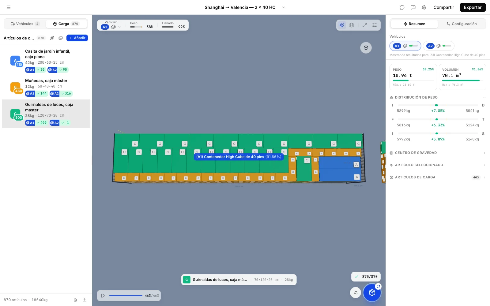 Vista en planta del plan de carga de CargoDuo de un contenedor de 40 pies High Cube con tres referencias mezcladas encajadas al 91,86% de volumen