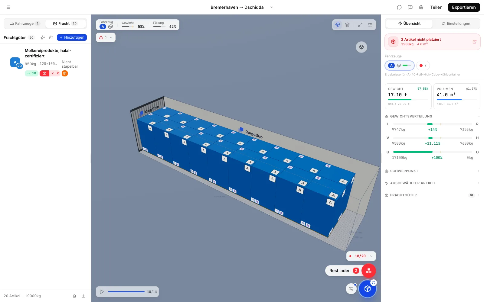 CargoDuo-3D-Ansicht: 18 Paletten Molkereiprodukte in zwei Reihen zu je 9 im Kühlcontainer, 2 Paletten nicht platziert