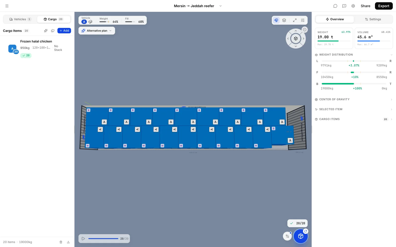 Red Sea shipping to Jeddah: top-down CargoDuo plan of 20 pallets of frozen halal chicken in a 40ft reefer high cube