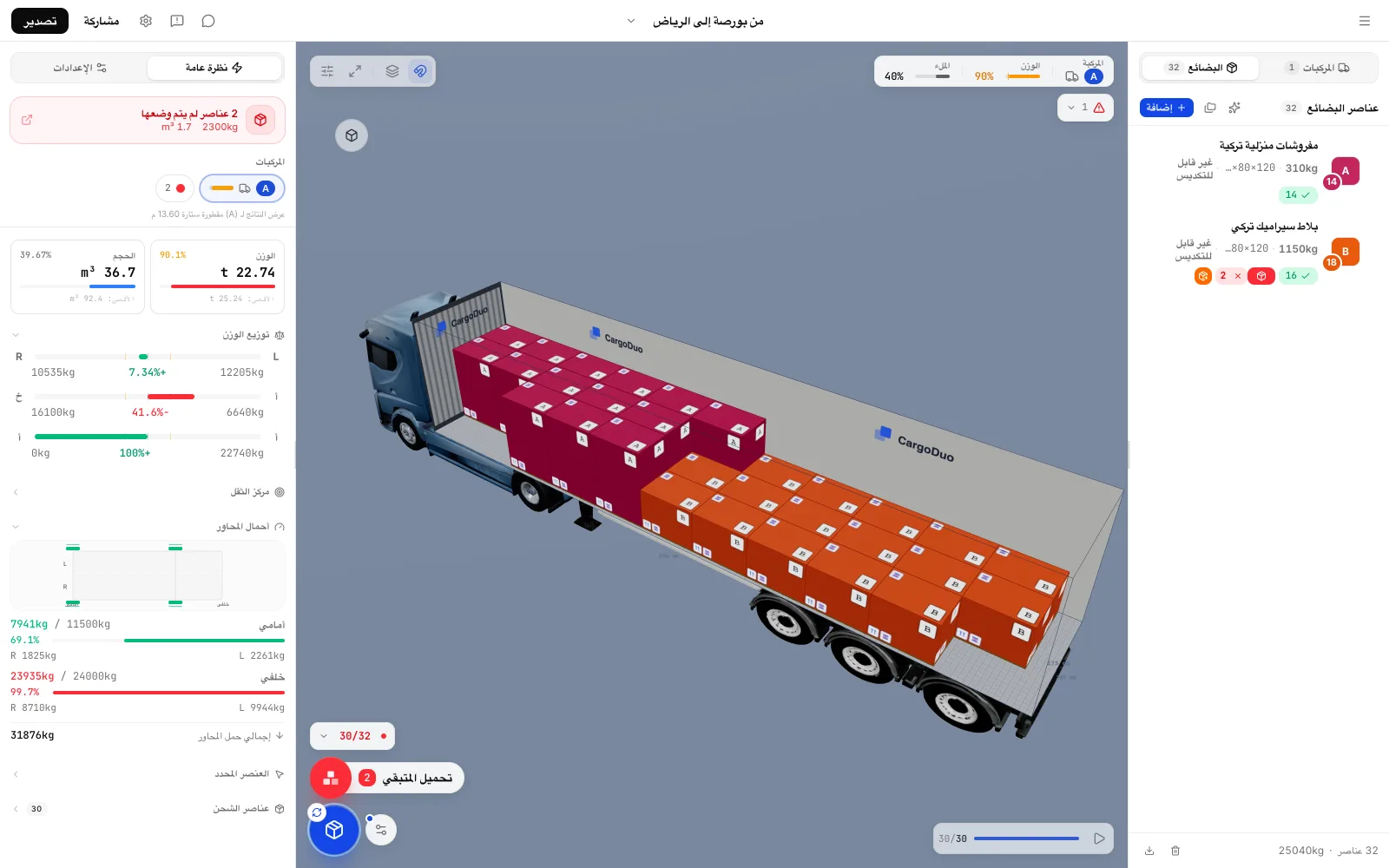 خطة تحميل CargoDuo بعد فرض حدود المحاور: 30 من 32 طبلية ومجموعة محاور المقطورة عند 99.7% في شحنة من تركيا إلى السعودية