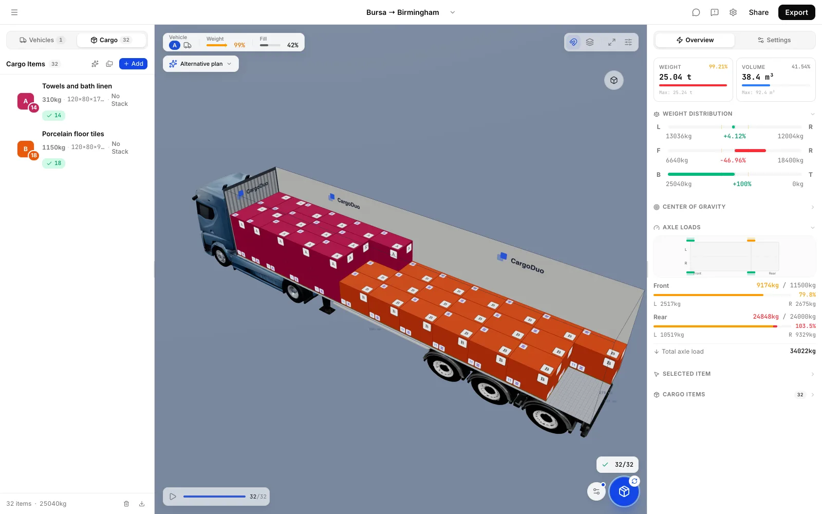 Shipping from Türkiye: 32 pallets on a 13.6 m tautliner, Bursa to Birmingham, with the trailer axle group at 103.5% of its limit