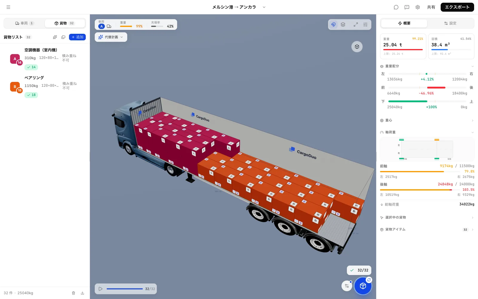 トルコ物流の積付計画：軸荷重制限なしで32枚を積んだ13.6mカーテントレーラ。トレーラ3軸は24,848kgで上限の103.5%