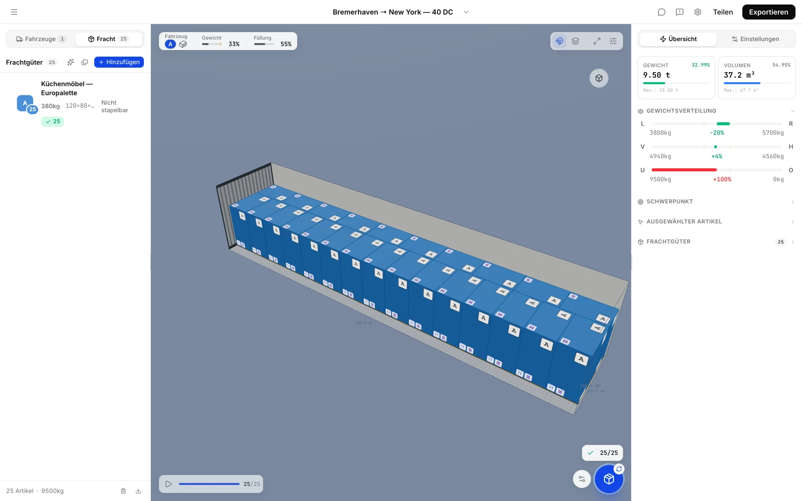 Wie viele Paletten passen in einen Container: 3D-Stauplan in CargoDuo mit 25 Europaletten in einem 40-Fuß-Container, kombinierte Längs- und Querstellung