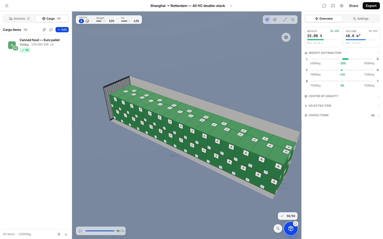 Double stacking pallets in a container: CargoDuo plan with 50 Euro pallets loaded two tiers high in a 40' HC