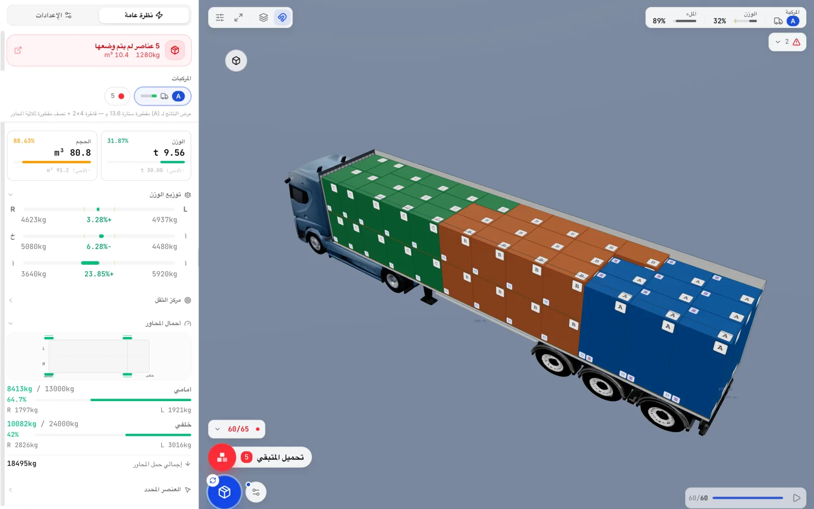 CargoDuo يعرض مقطورة مرتّبة مع عناصر متبقية: زر تحميل المتبقي الأحمر يعرض عدد العناصر التي ما تزال تنتظر، بجانب تنبيه العناصر غير الموضوعة في لوحة النتائج