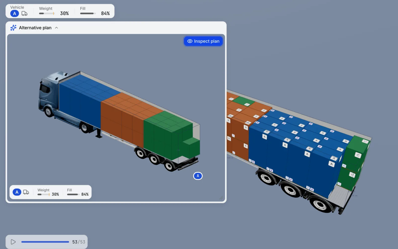 CargoDuo 3D workspace with the Alternative plan card open in the corner, showing a second arrangement of the same pallets next to the current load plan