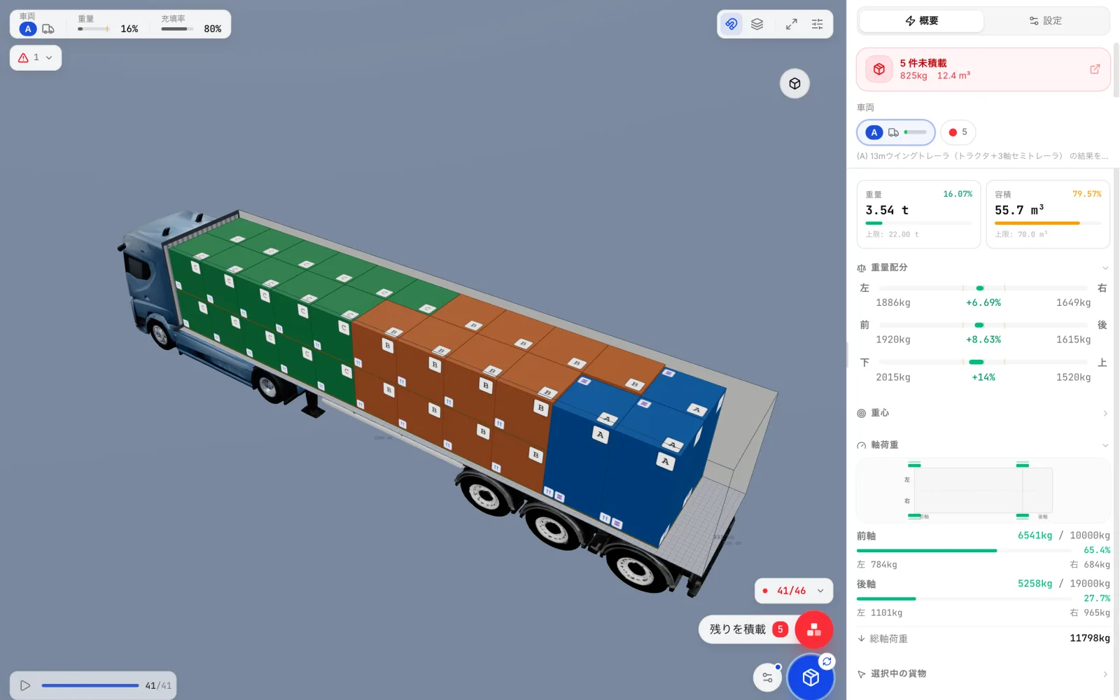 積み終えたトレーラーに積み残しがあるCargoDuoの画面。待機中の点数を示す赤い「残りを積載」ボタンが、結果パネルの未積載の警告の隣に出ている