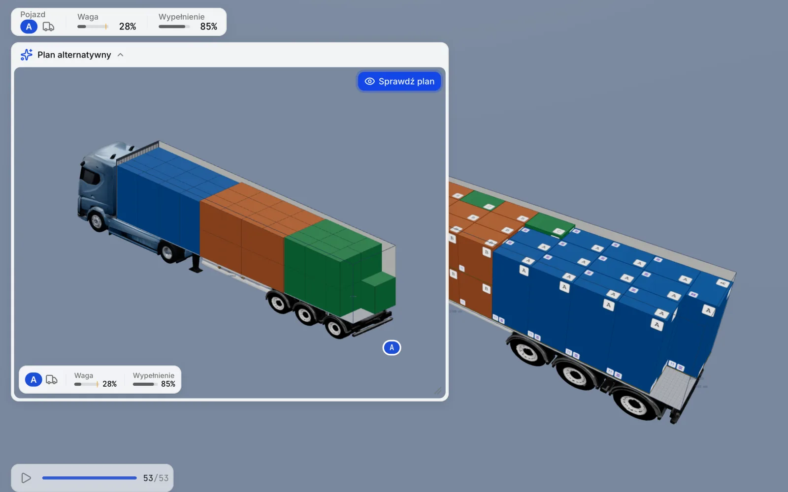Obszar roboczy 3D CargoDuo z otwartą w rogu kartą Plan alternatywny, pokazującą drugie ułożenie tych samych palet obok bieżącego planu załadunku