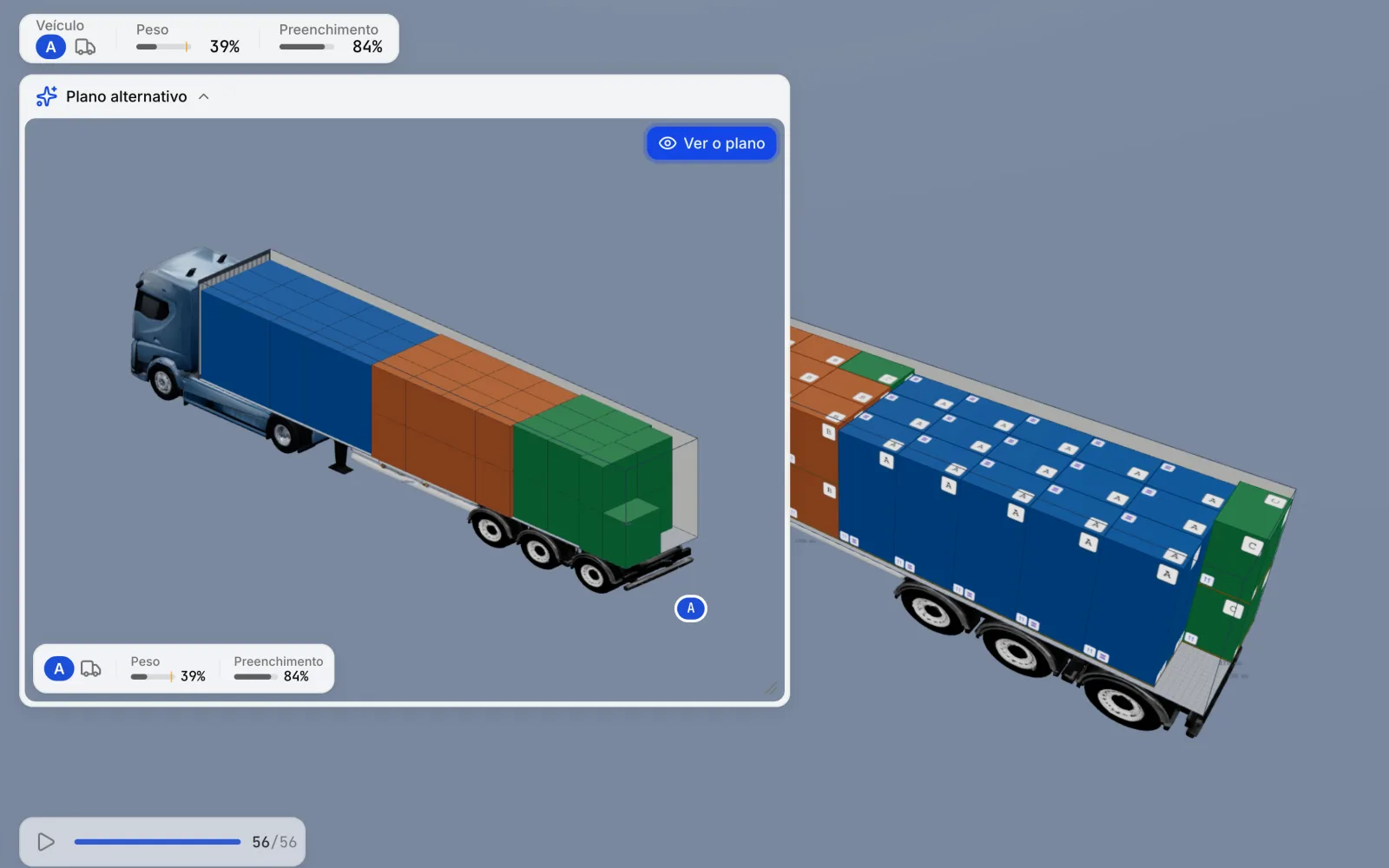 Área de trabalho 3D do CargoDuo com o cartão Plano alternativo aberto no canto, mostrando um segundo arranjo dos mesmos paletes ao lado do plano de carregamento atual