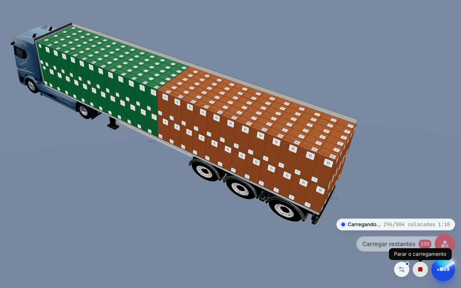 Carregamento em andamento no CargoDuo: o contador ao vivo sobre o botão Carregar mostra o número de itens já colocados e o tempo decorrido, com um botão Parar o carregamento ao lado