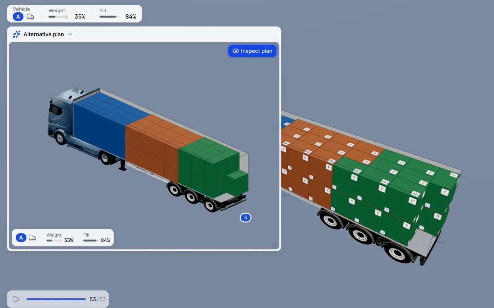 3D-рабочая область CargoDuo: в углу открыта карточка Alternative plan — те же паллеты уложены иначе, рядом с текущим планом загрузки