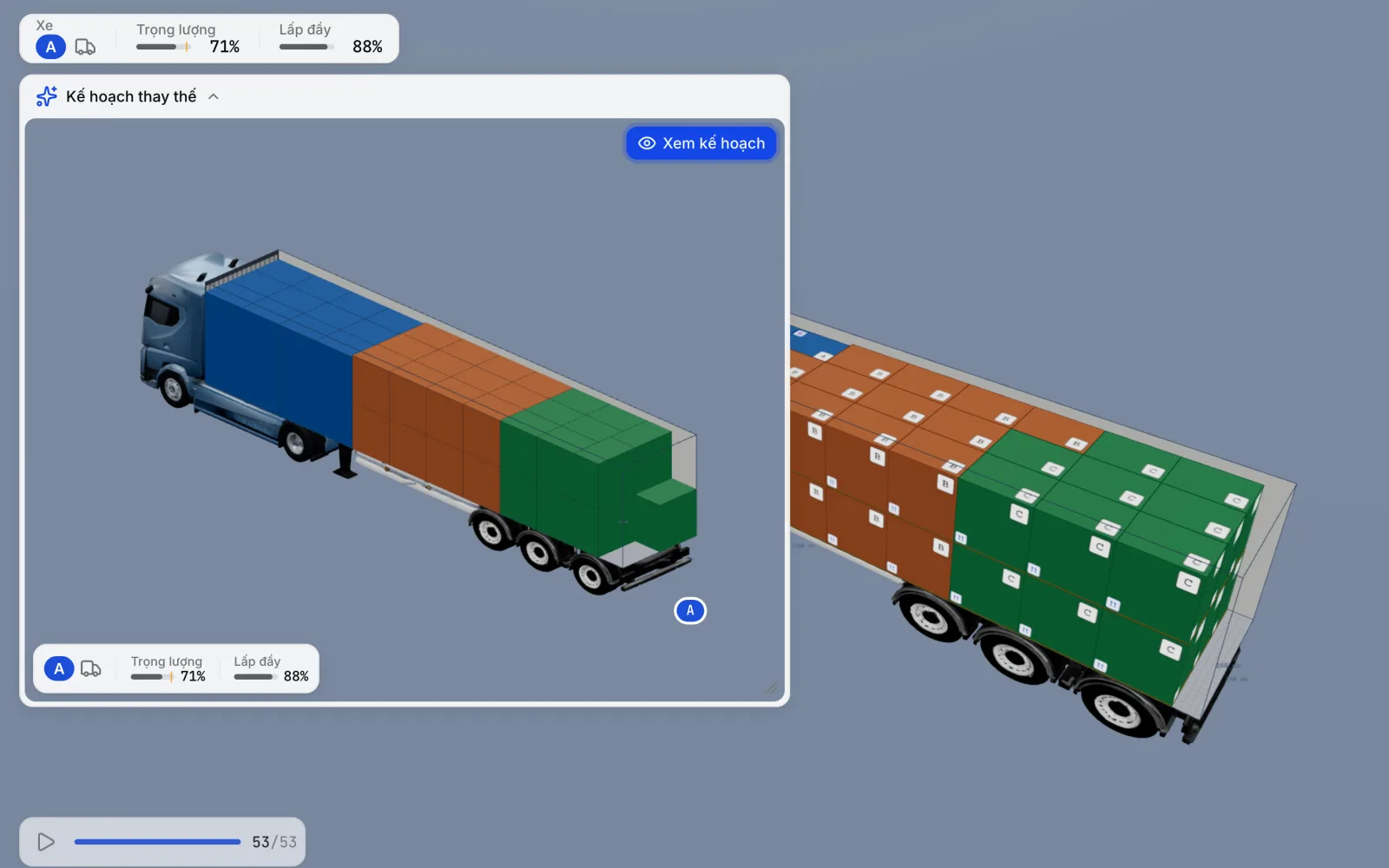 Không gian làm việc 3D của CargoDuo với thẻ Kế hoạch thay thế mở ở góc, hiển thị cách sắp xếp thứ hai cho cùng số pallet bên cạnh kế hoạch đang dùng
