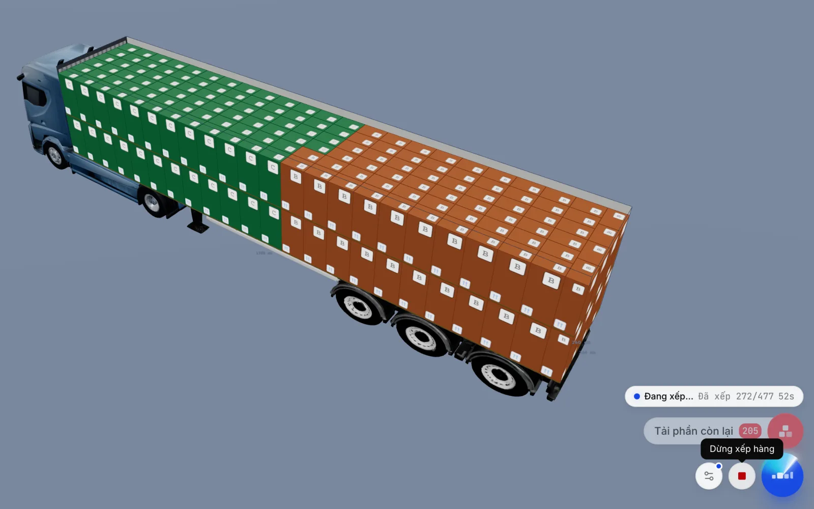 Xếp hàng đang chạy trong CargoDuo: bộ đếm trực tiếp phía trên nút Xếp hàng cho biết số kiện đã xếp và thời gian đã trôi, bên cạnh là nút Dừng xếp hàng