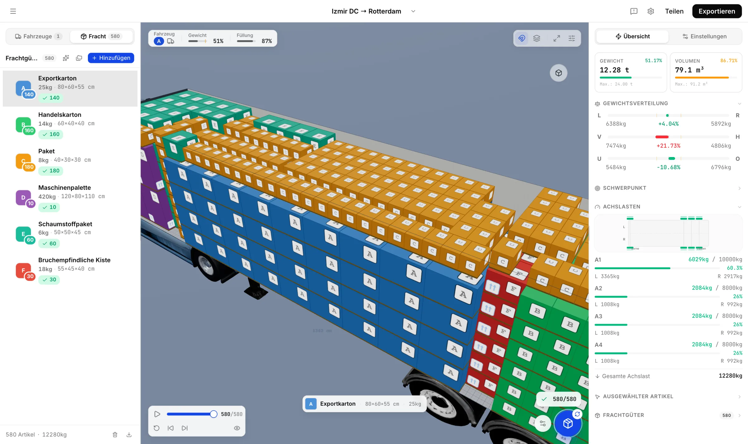 LKW-Überladung Bußgeld Türkei: ein 3D-Ladeplan in CargoDuo, berechnet gegen die Gesamtgewichts- und Achslastgrenzen des Fahrzeugs