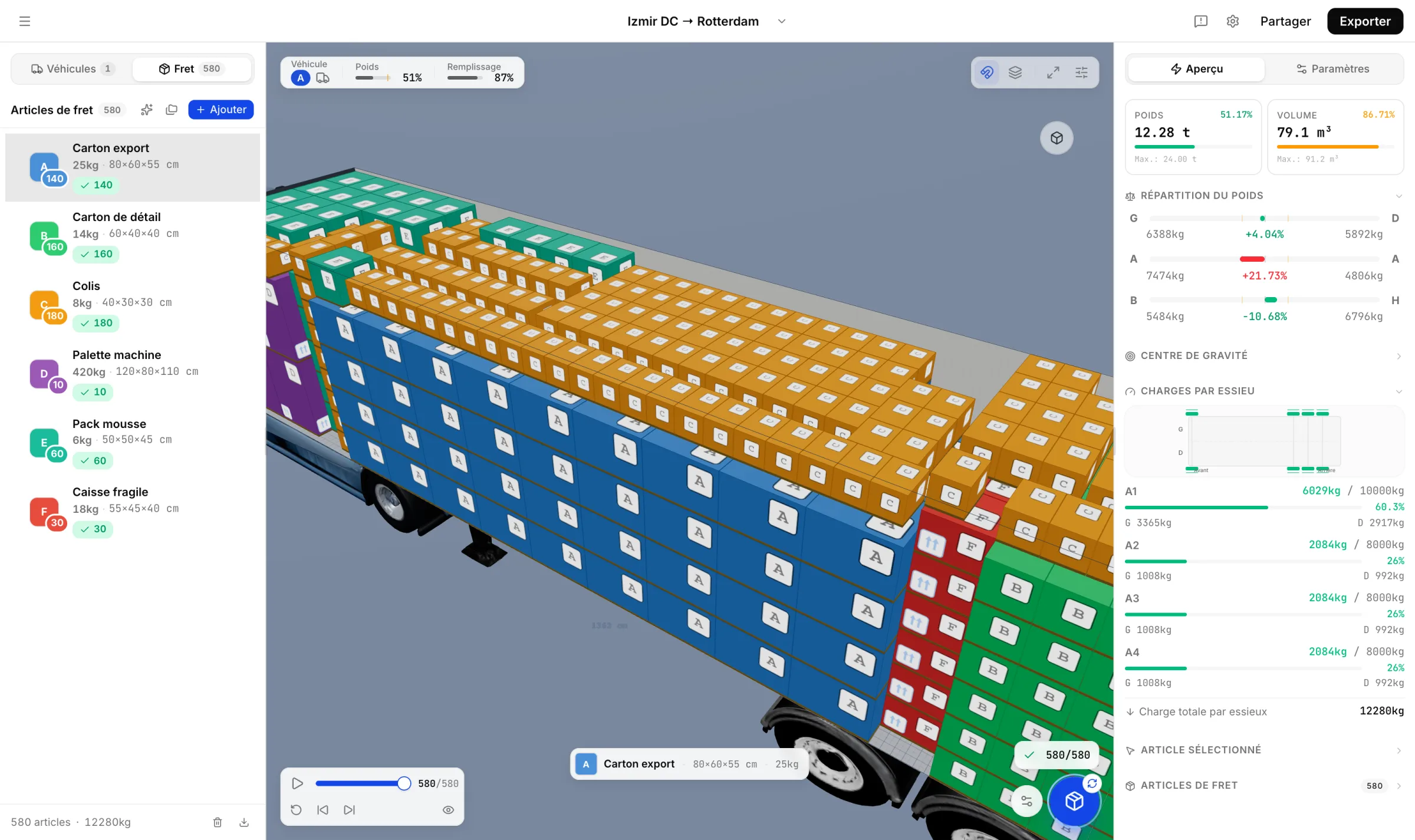 Amendes de surcharge camion en Turquie : un plan de chargement 3D CargoDuo calculé sur les limites de poids total et d'essieux du véhicule