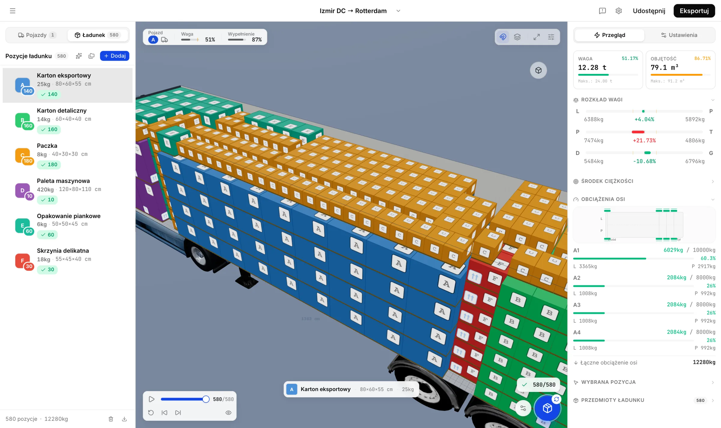 Kary za przeciążenie ciężarówki w Turcji: plan załadunku 3D w CargoDuo obliczony według limitów masy całkowitej i nacisków osi pojazdu