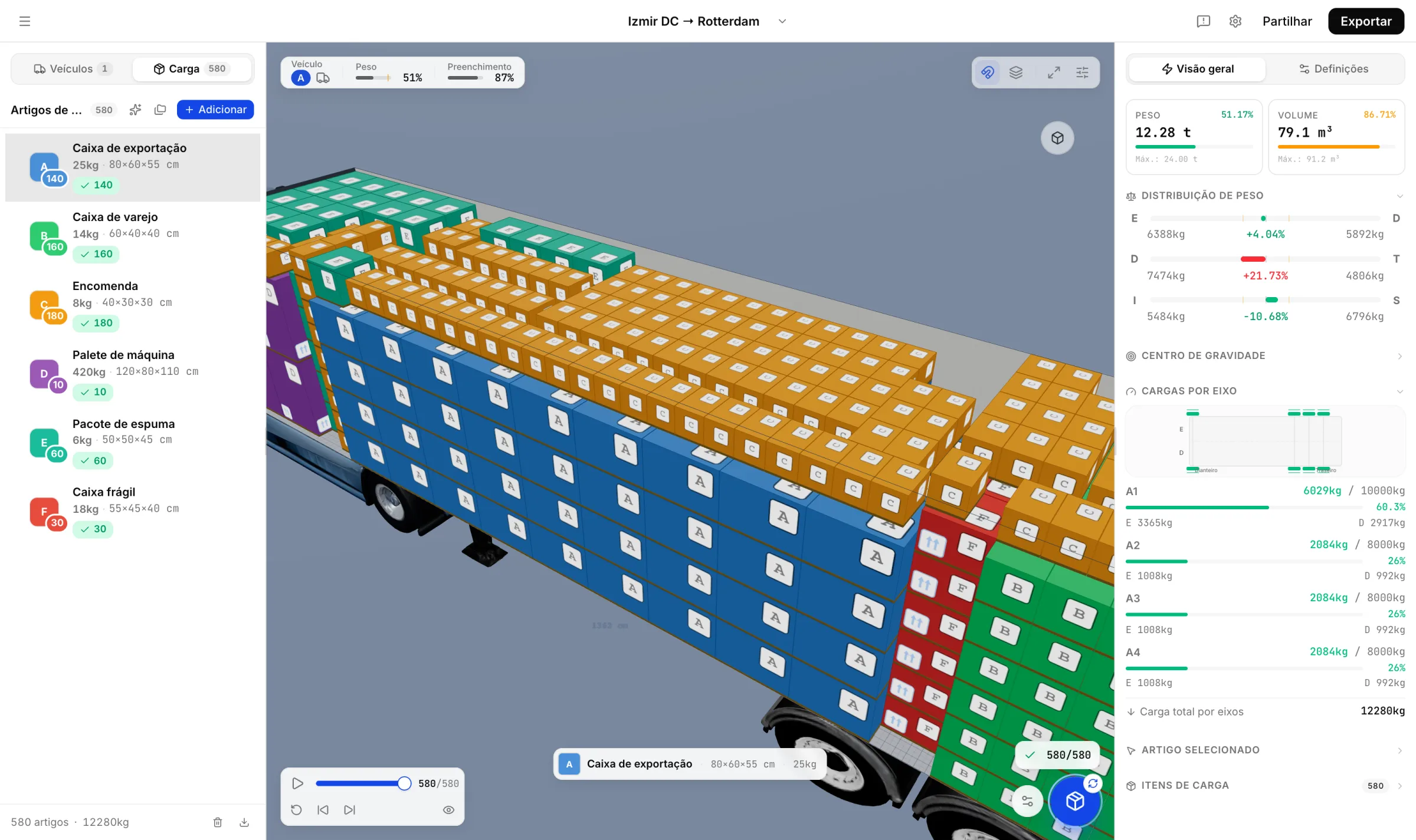 Multa por excesso de peso na Turquia: plano de carga 3D do CargoDuo calculado contra os limites de peso bruto e de peso por eixo do veículo