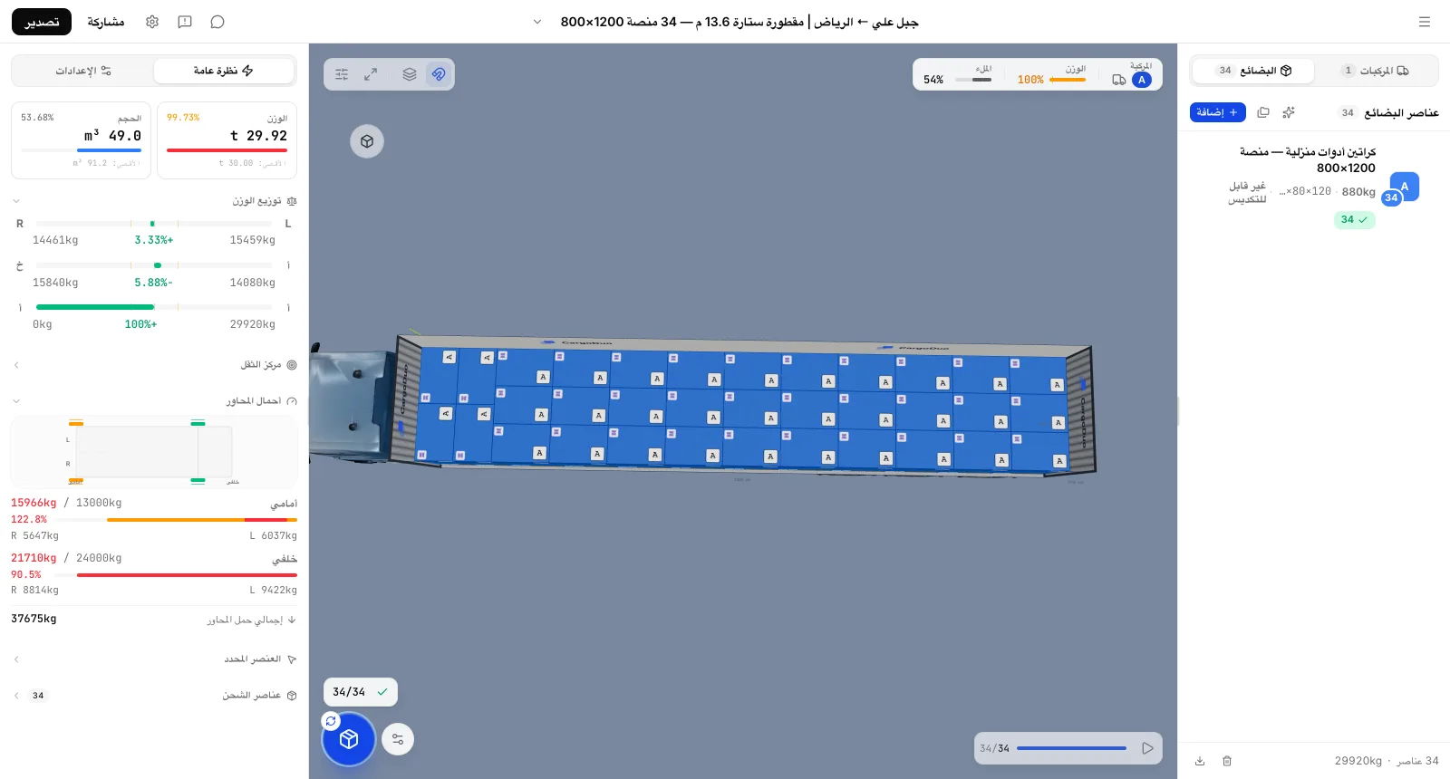 كم منصة تحمل المقطورة 13.6 م: مخطط تحميل CargoDuo من أعلى يعرض 34 منصة أوروبية على أرضية مقطورة الستارة