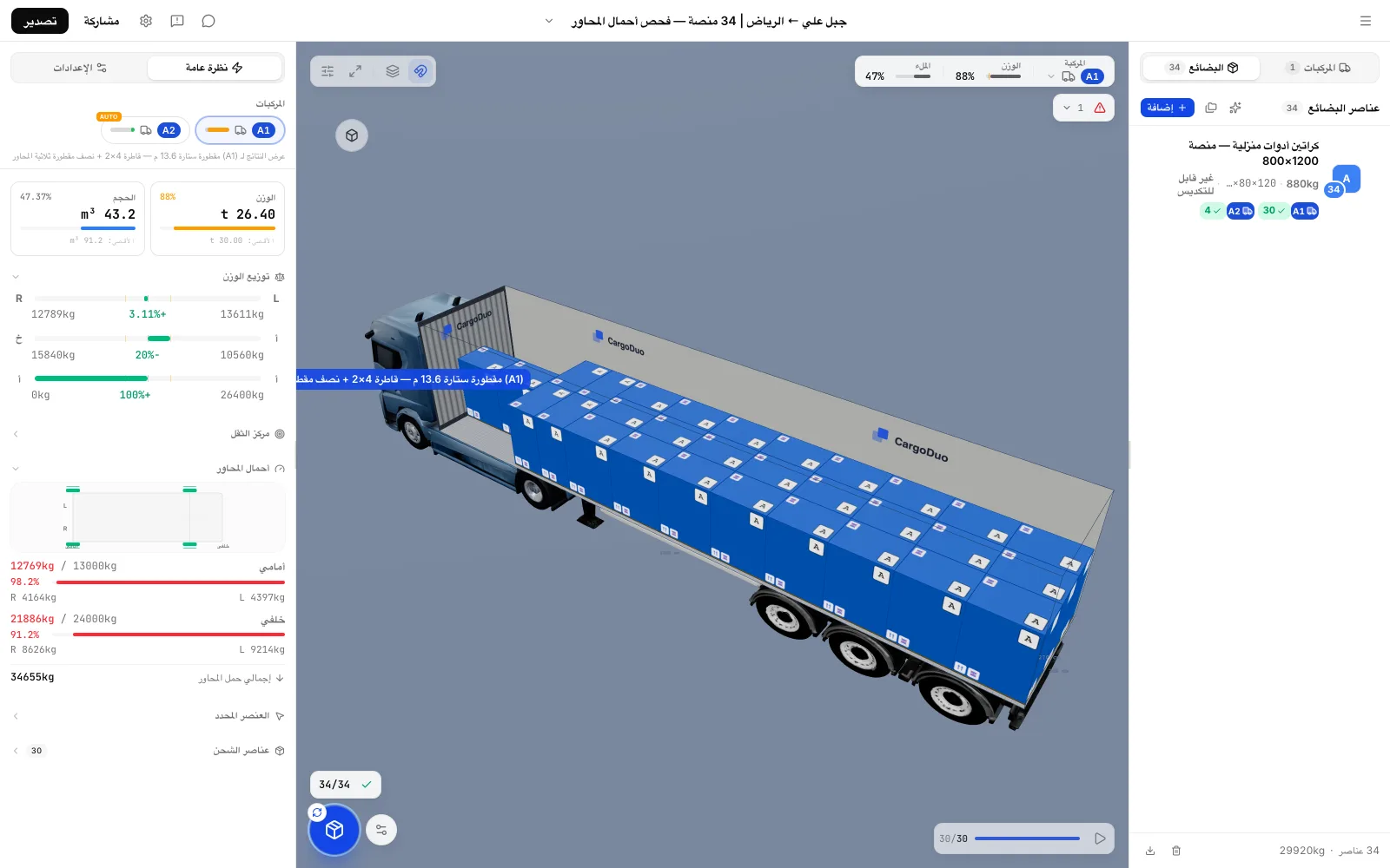 خطة تحميل CargoDuo مع فحص أحمال المحاور: 30 منصة أوروبية على المقطورة الأولى و4 منصات نُقلت إلى مركبة ثانية