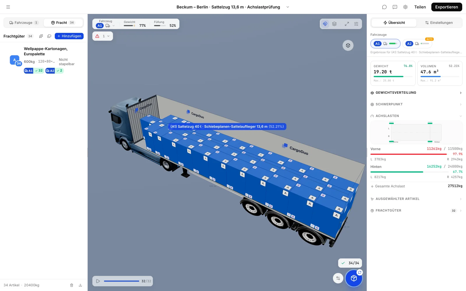 CargoDuo-Ladeplan mit Achslastprüfung: 32 Europaletten auf dem ersten Sattelzug, 2 Paletten auf einem zweiten Fahrzeug