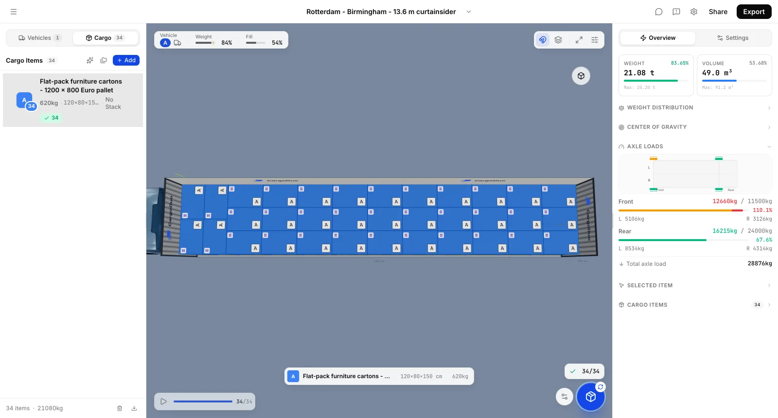 How many pallets fit in a 13.6m trailer: CargoDuo top-down load plan showing 34 Euro pallets on a 13.62 m curtainsider deck