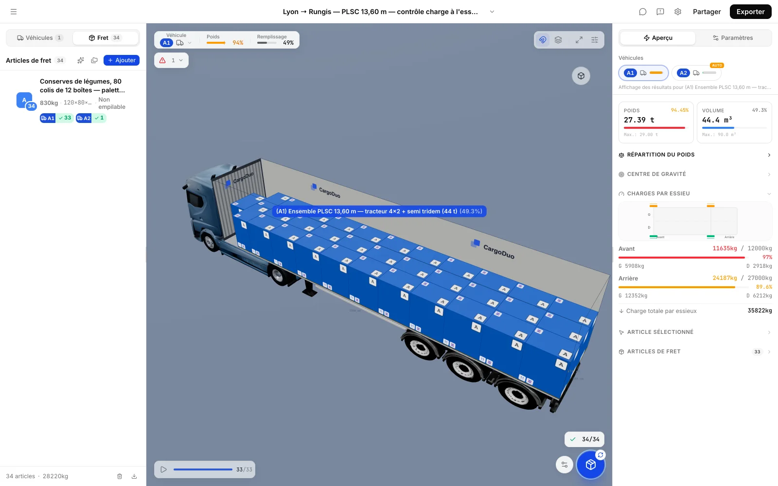 Plan de chargement CargoDuo avec contrôle de charge à l’essieu : 33 palettes Europe sur le premier semi-remorque et une palette reportée sur un second véhicule
