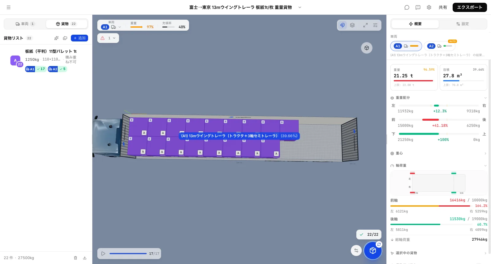 積載量で枚数が決まる：CargoDuoの計画、1枚1,250kgの板紙パレットは22枚のうち17枚しか積めず、残り5枚は2台目へ