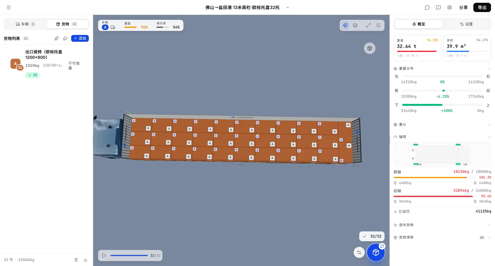 半挂车能装多少托盘：CargoDuo俯视装载方案，13米高栏货厢上铺满32个欧标托盘